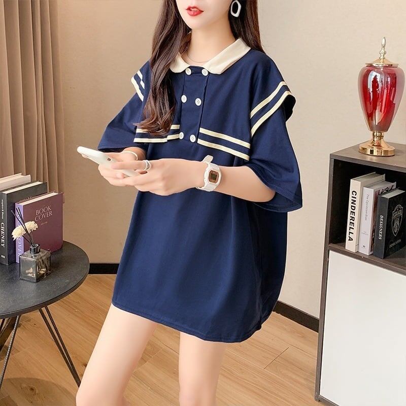 絶対欲しい ロング セーラーカラー Tシャツ 三色 ゆったりワンピース＜S-4028＞