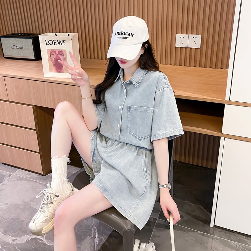オーバーサイズ 半袖 デニム シャツ + ショートパンツ セットアップ <S-13150>