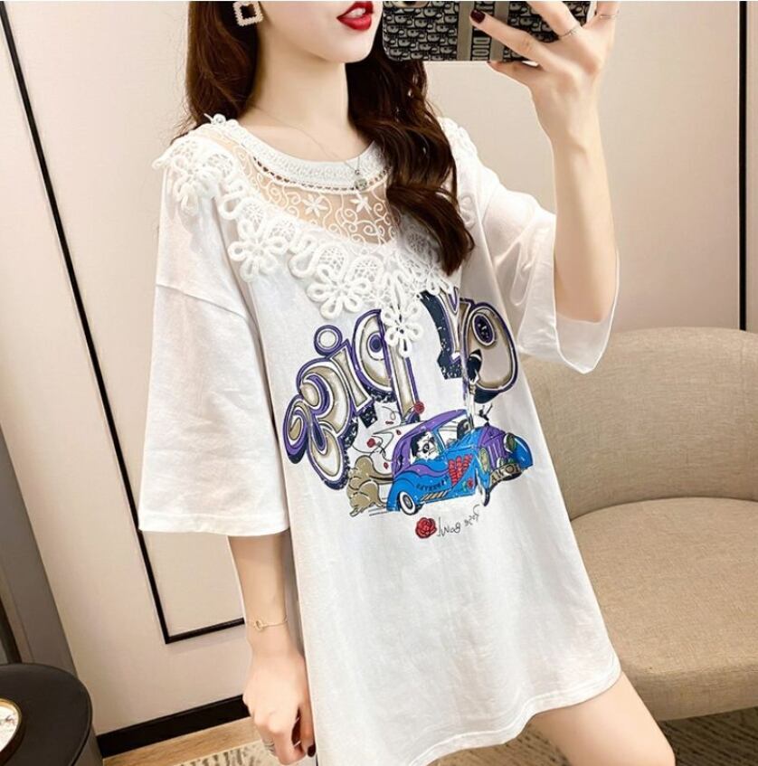 着回し力抜群 プリント カジュアル ビッグロゴ レース 切り替え 半袖Tシャツ 全3色＜S-8423＞