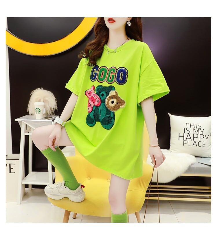 重工業スパンコール外国風おしゃれ植毛刺繍クマ半袖Tシャツ<S-2911>