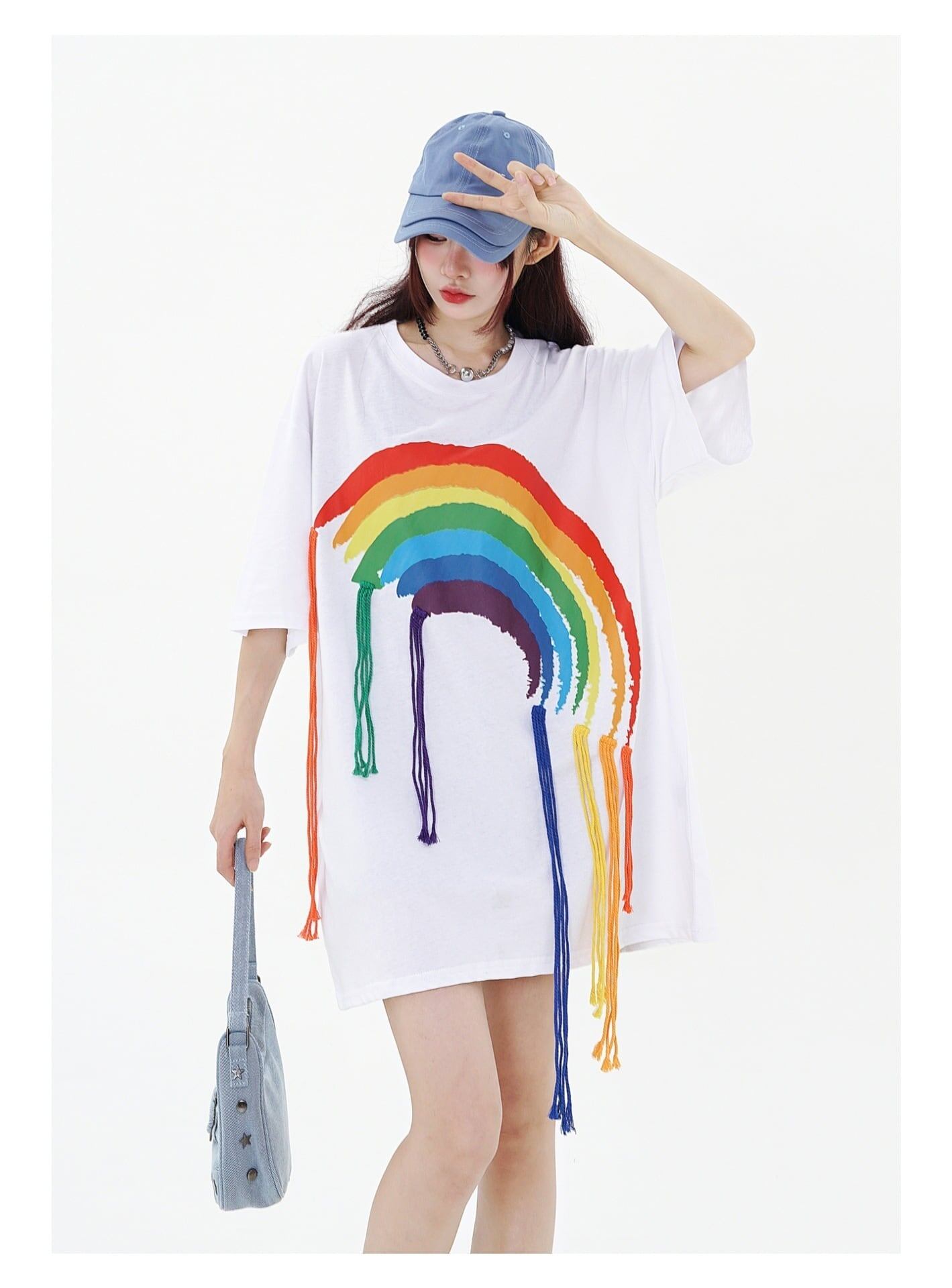 好感度UP 虹ロゴ タッセル ゆったり Tシャツ 全2色 ユニセックス半袖<S-4863>
