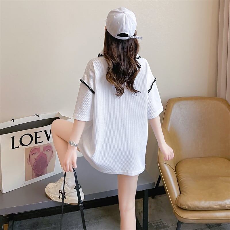美人度アップ 折り襟 ワッフル ぬいぐるみ付き ロング Tシャツ ゆったり半袖 ＜S-2930＞