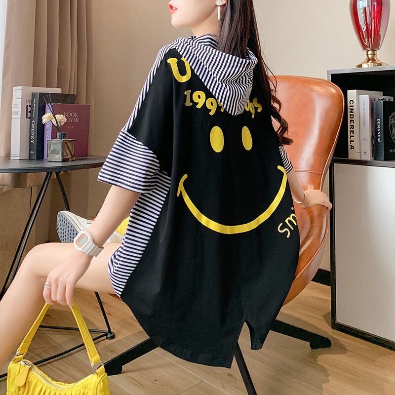 スタイルアップ効果抜群 ストライプ柄 アバンギャルド 切り替え レース プリント全2色 半袖Tシャツ<S-9111>
