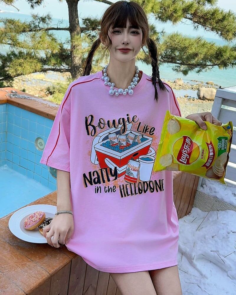 着せ ゆったり ビッグロゴ ロングTシャツ 半袖 ワンピース<S-4859>