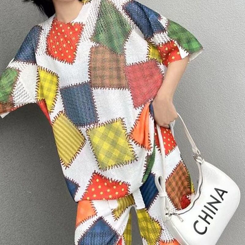 絶対欲しい アイスシルクニット ジオメトリック柄 半袖 Tシャツ ショートパンツ セットアップ ＜S-8983＞