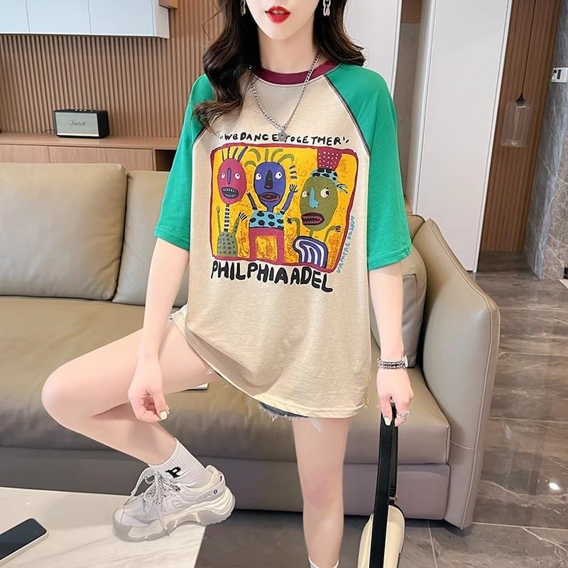 デザインセンスアメリカンレトロ漫画プリント半袖Tシャツニッチカラーマッチングトップスイン潮<S-2872>