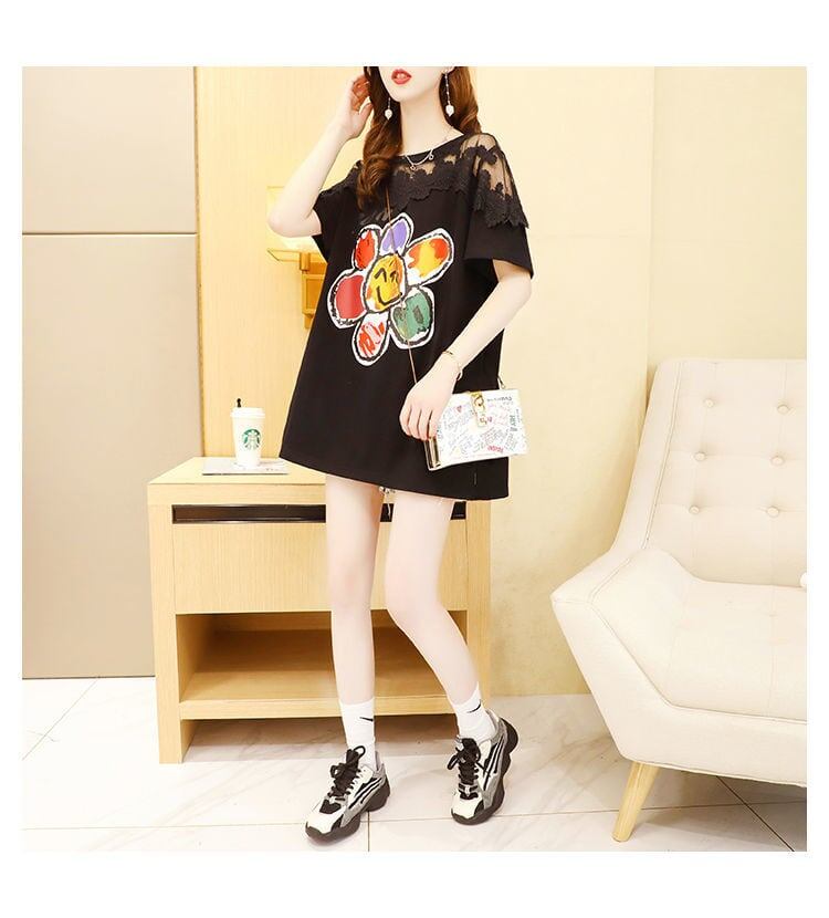 大人可愛い 切り替え レース 透かし彫り プリント全2色 半袖Tシャツ カットソー ＜S-8560＞