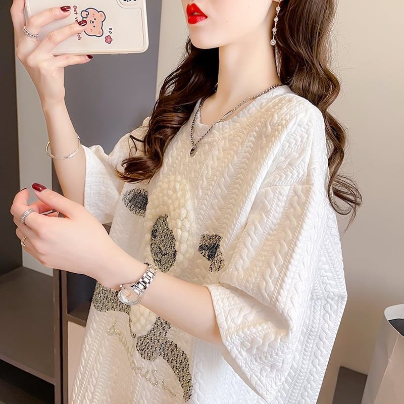 高級立体ハンドビーズコットン半袖Tシャツ<S-2998>