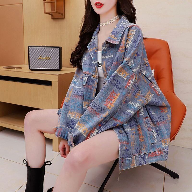 話題沸騰中 プリント 韓国風ファッション デニムジャケットゆったりコート<S-9239>