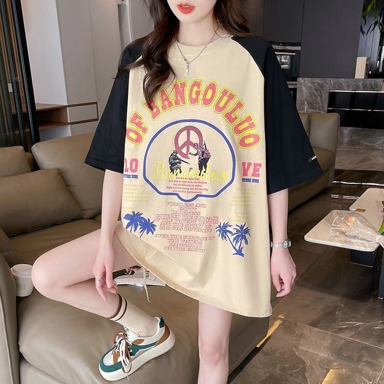 夏新作 配色 プリント ロング ラグランTシャツ 三色 ゆったりワンピース ＜S-4003＞