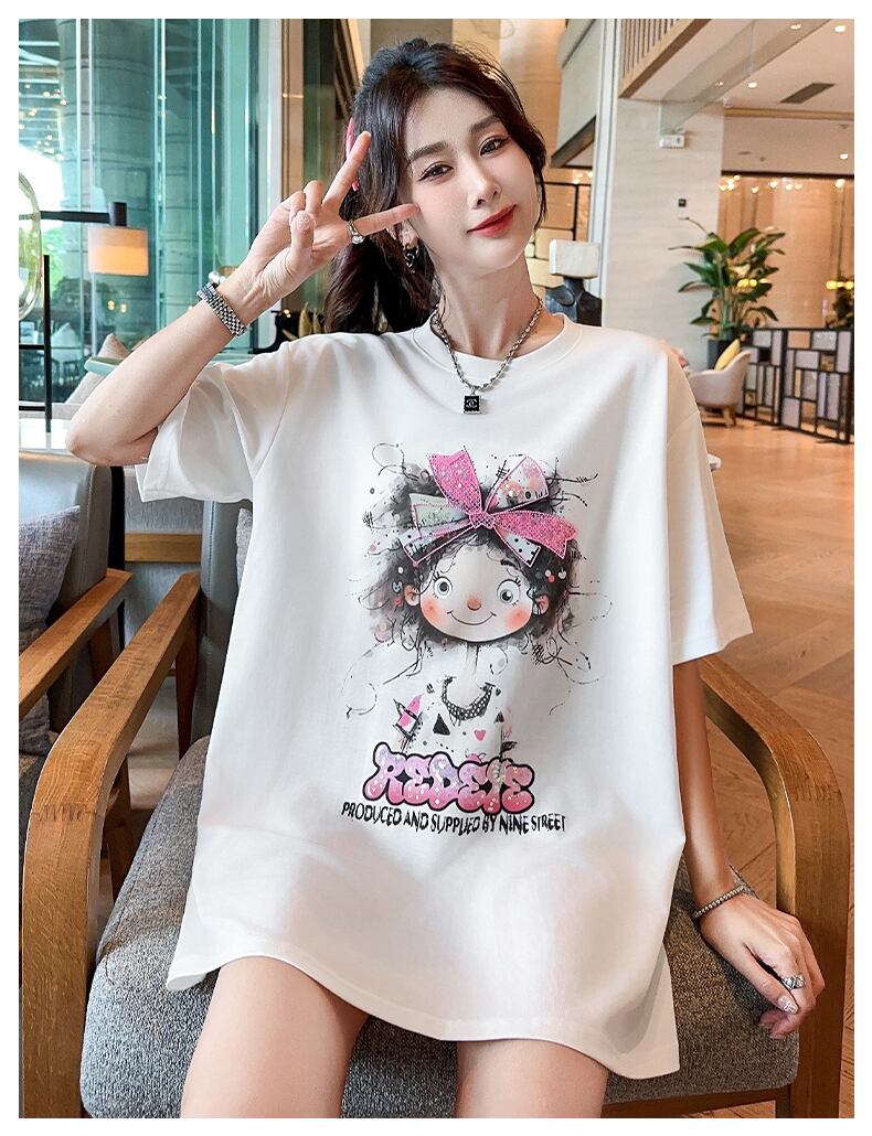 好感度UP ピンク カジュアル プリント スパンコール プリント ゆったり 半袖 Tシャツ＜S-8705＞