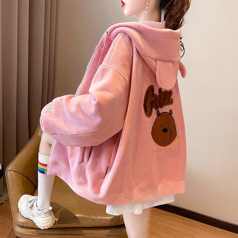 【裏起毛】可愛いクマちゃん厚手フルジップパーカー二色あり<S-4677>