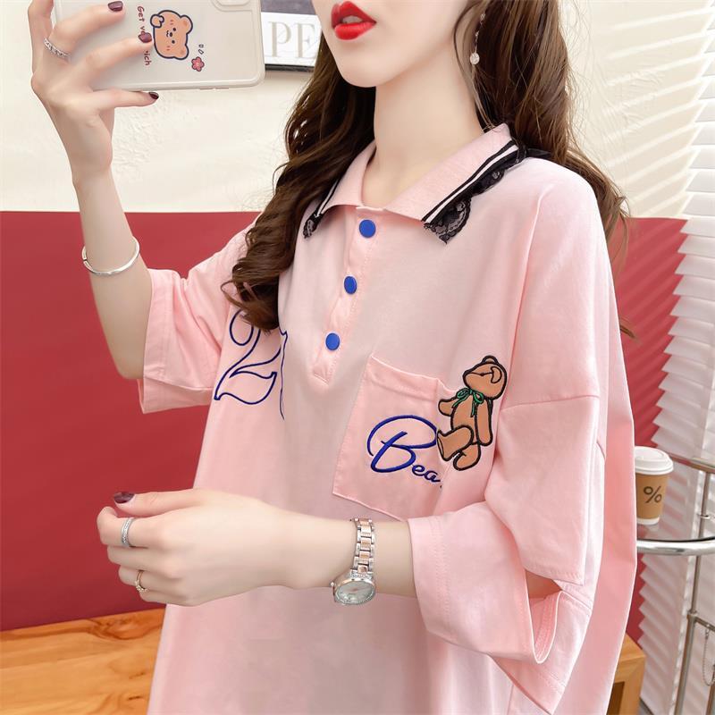 POLOネック ポケット ベアー レース ロング Tシャツ 三色 ゆったりワンピース＜S-3991＞