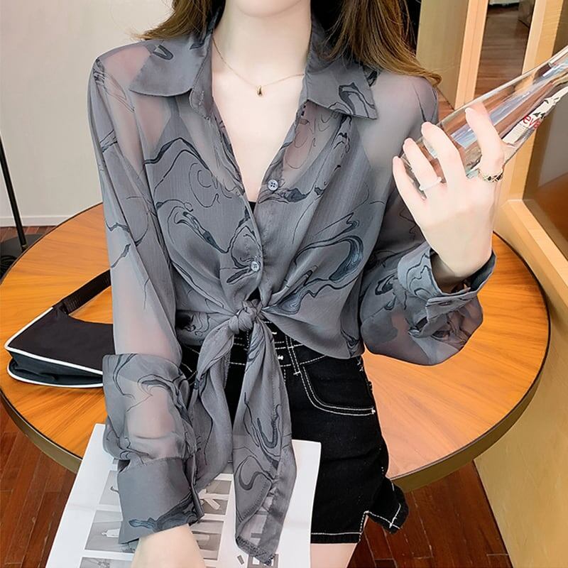 好感度満載 日焼け対策 透け感 POLOネック シャツ ブラウス＜S-3030＞