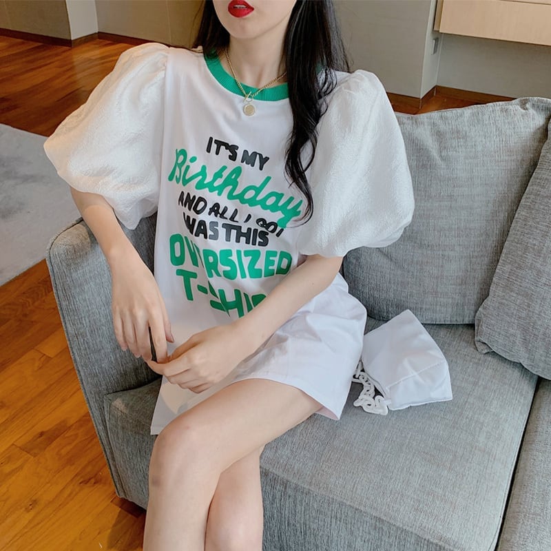 話題沸騰中 パフスリーブ ファッション プリント 全2色 半袖 Tシャツ <S-8662>