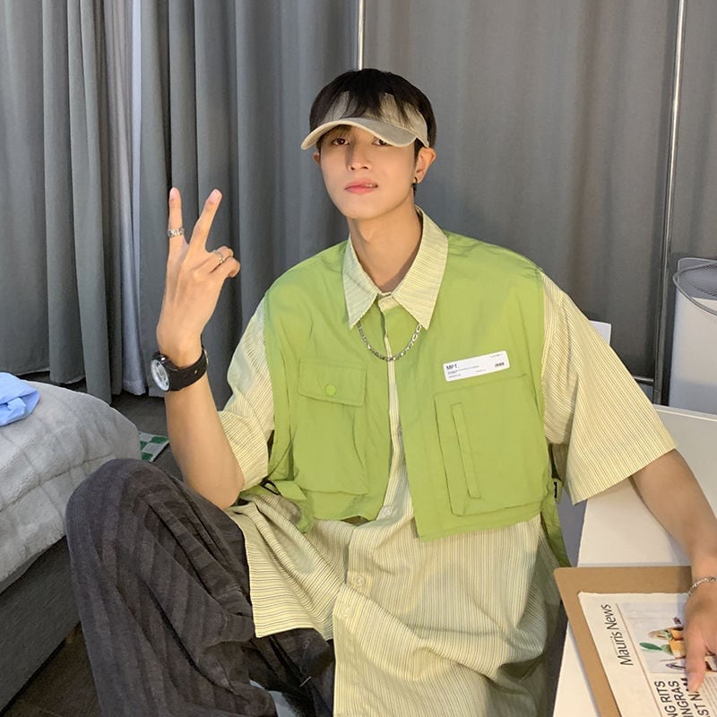 期間限定 ファッション 個性派 レイヤード風 切り替え プリント全3色 男女兼用 半袖Tシャツ<S-9044>