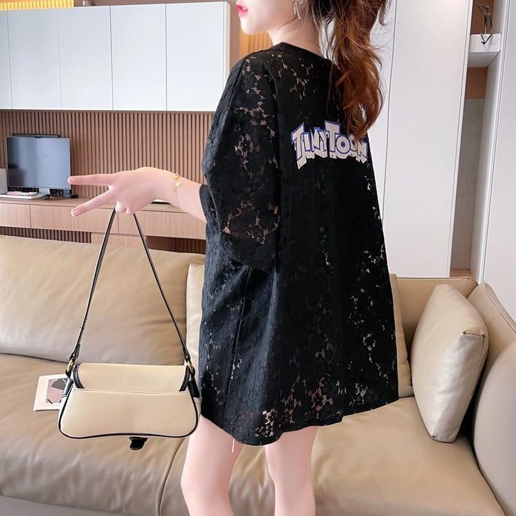 ハイエンドデザインセンスレース中空ルーズミドル丈半袖Tシャツ<S-3035>