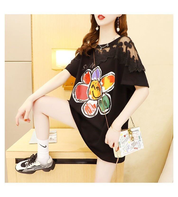 大人可愛い 切り替え レース 透かし彫り プリント全2色 半袖Tシャツ カットソー ＜S-8560＞
