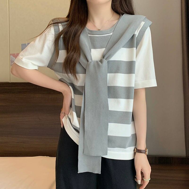 絶対欲しい レイヤード風 エレガント ストライプ柄 全3色半袖 Tシャツ＜S-8799＞