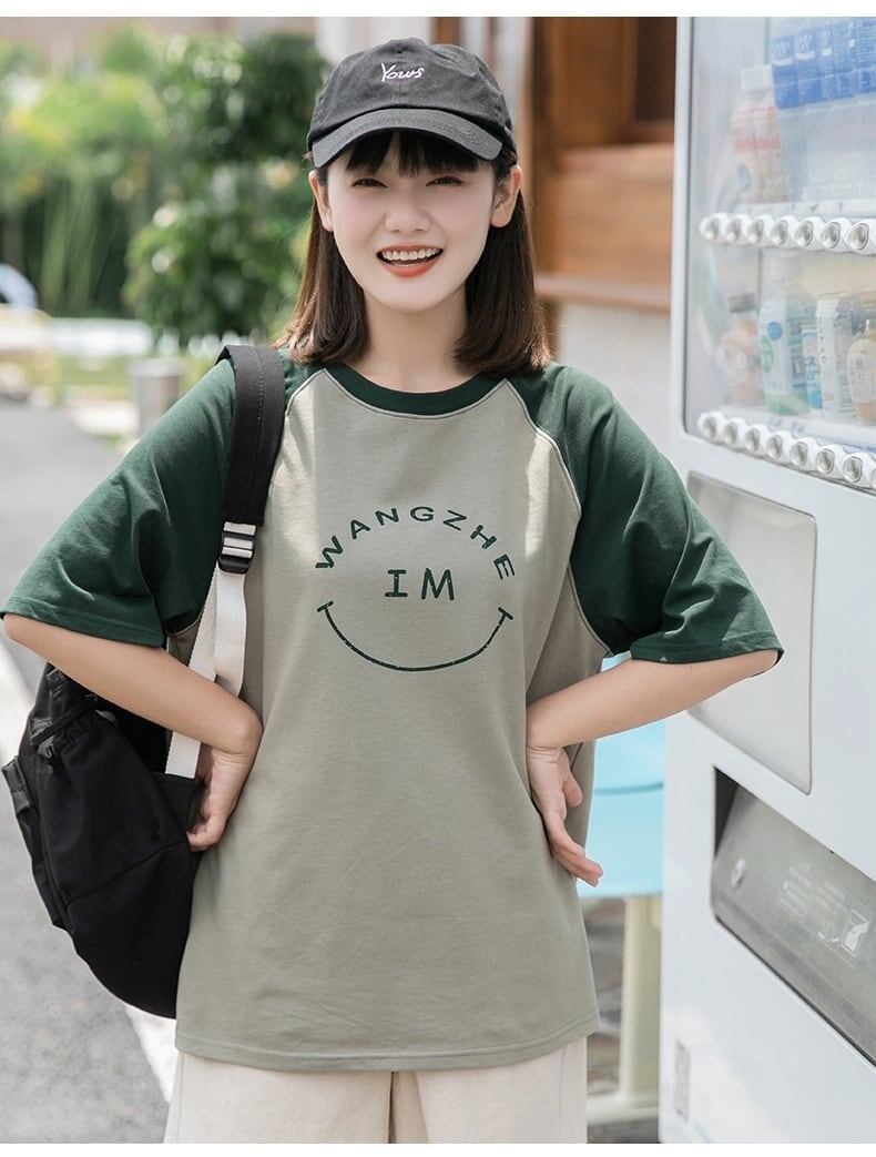カラーマッチング スマイル ラグランTシャツ アルファベットプリント半袖 ＜S-2972＞