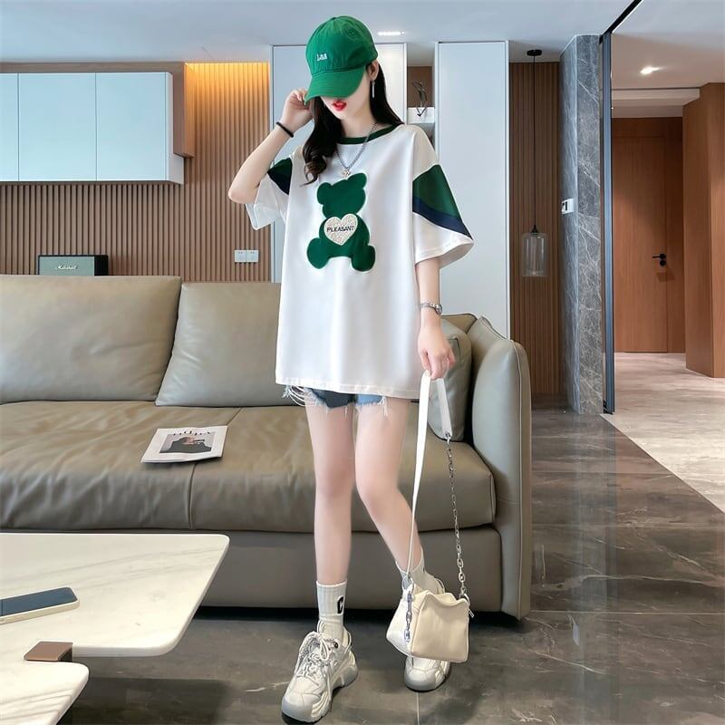 カジュアルルーズワッペン刺繍ステッチカラーブロック半袖Tシャツ<S-2870>