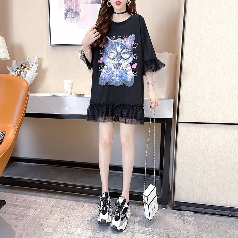 好感度満載 プリント 美感いっぱい Tシャツ カットソー ワンピース＜S-3428＞