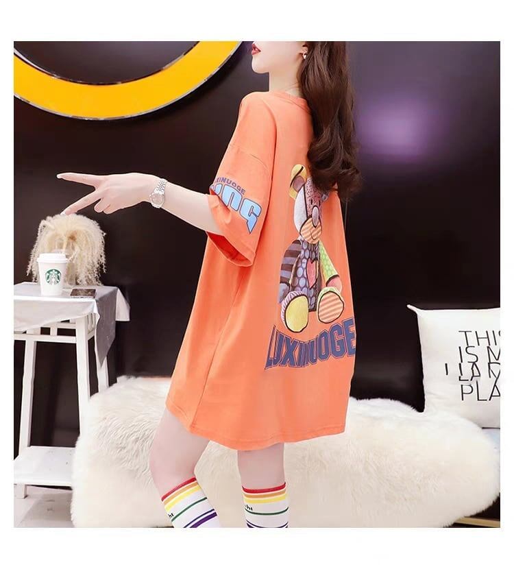 質感のいい アルファベット 熊柄 ドロップショルダー オーバーサイズ Tシャツ ＜S-2878＞