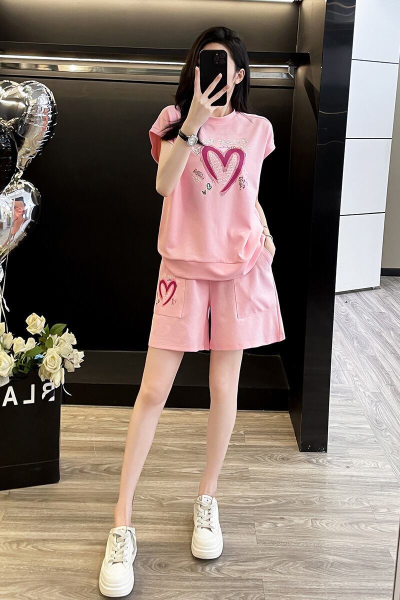 超人気 ホットダイヤモンド カジュアル プリント 半袖Tシャツ ショートパンツ セットアップ ＜S-9215＞