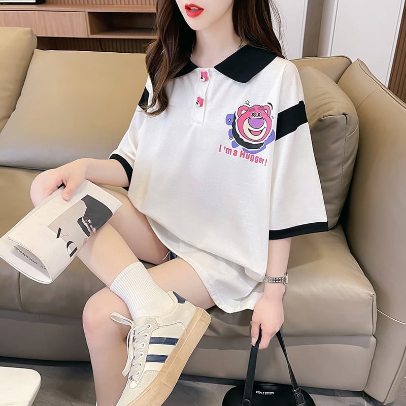POLOネック 切り替え 熊柄 ロング プリント Tシャツ 二色 ゆったりワンピース ＜S-3020＞