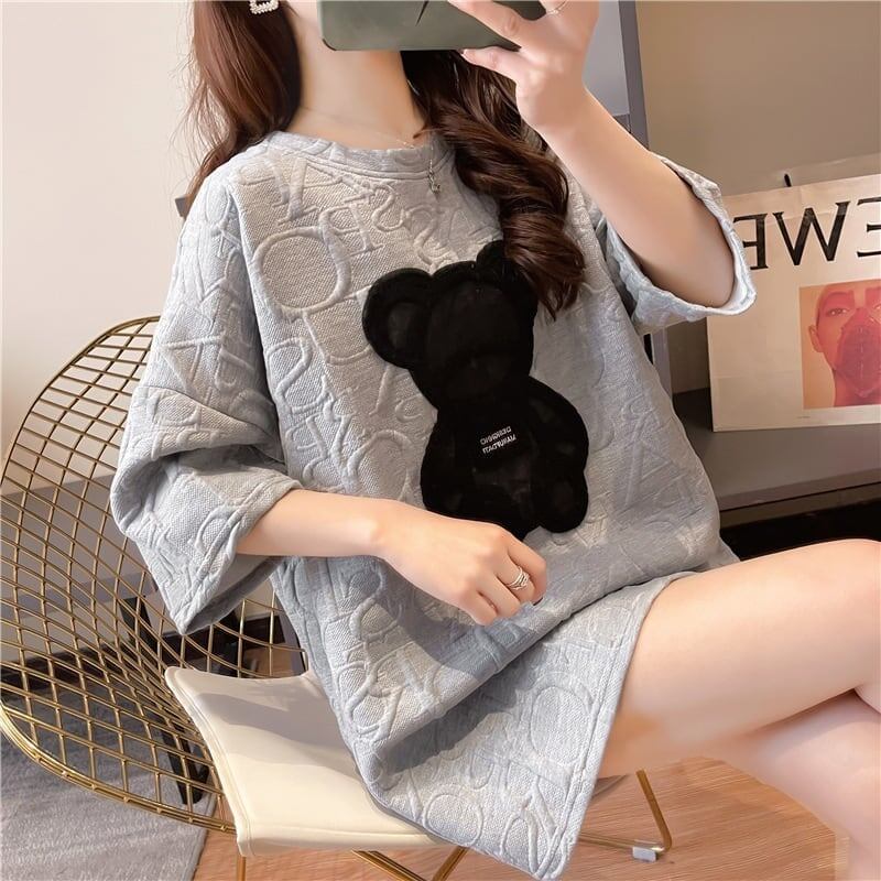 熊柄ゆったりラウンドネックカジュアルTシャツ  ホワイト/ブラック ＜S-1755＞