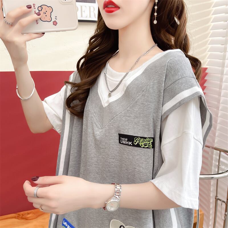 おすすめ アバンギャル 大活躍 ドレイヤード風 切り替え 全2色 半袖Tシャツ<S-8752>