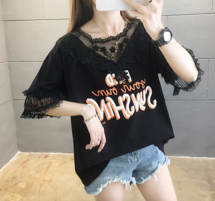 エレガントなレースステッチ半袖Tシャツ<S-3030>