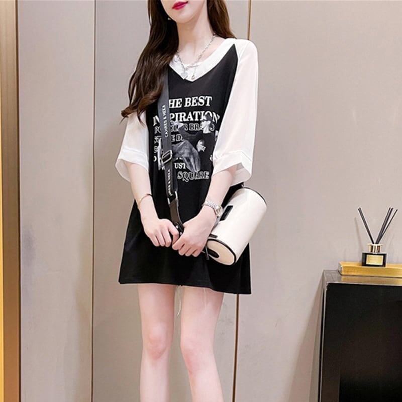 好感度満載 切り替え 美感いっぱい プリント Tシャツ カットソー＜S-3479＞