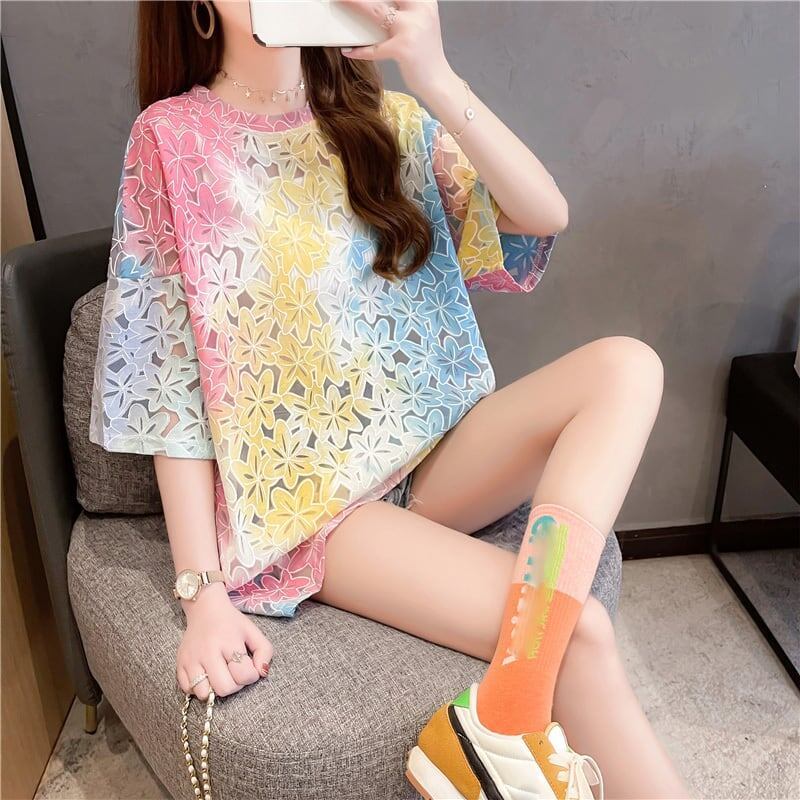 オシャレ度満点 ラウンドネック スタイリッシュ 透かし彫り Tシャツ カットソー＜S-2957＞
