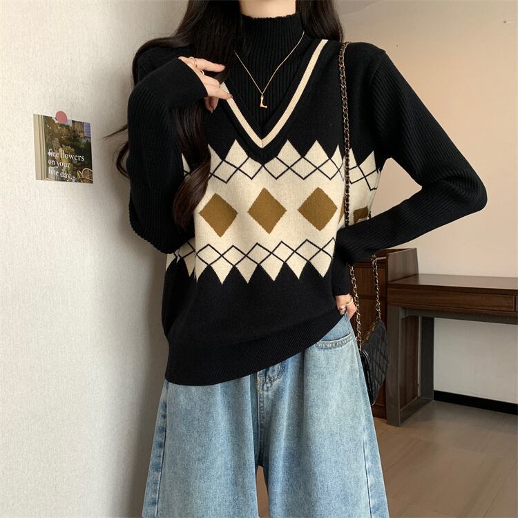 人気上昇中 レイヤード風 おしゃれ度高め 全2色 ニットトップス<S-9583>