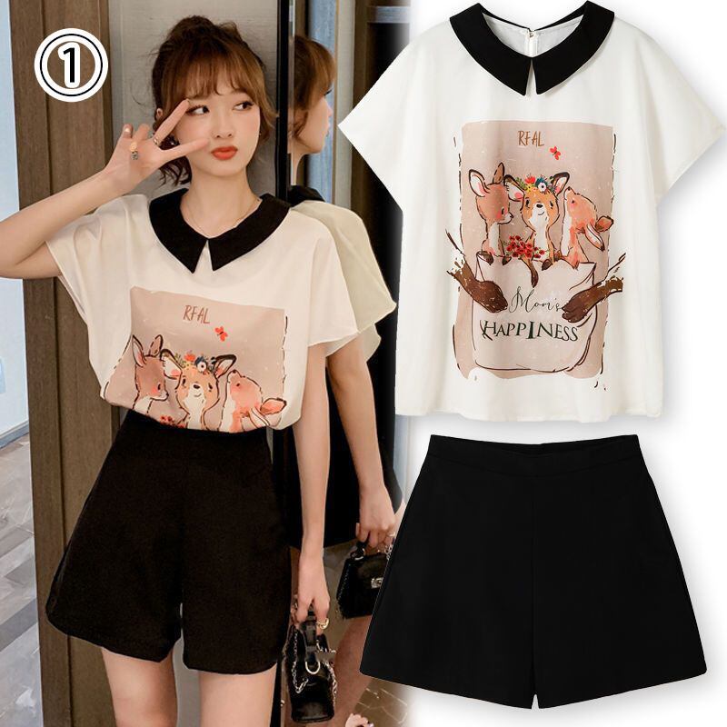 美人度アップ シフォン スウィート 半袖 Tシャツ ショートパンツ セットアップ ＜S-9234＞