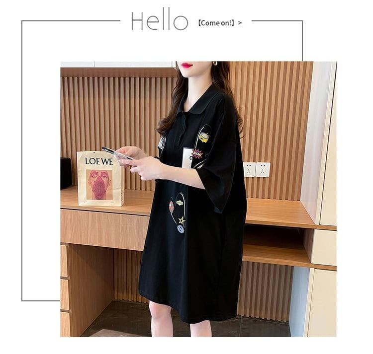 POLOネック 切り替え ストライプ柄 ロング Tシャツ ゆったりワンピース ＜S-3031＞