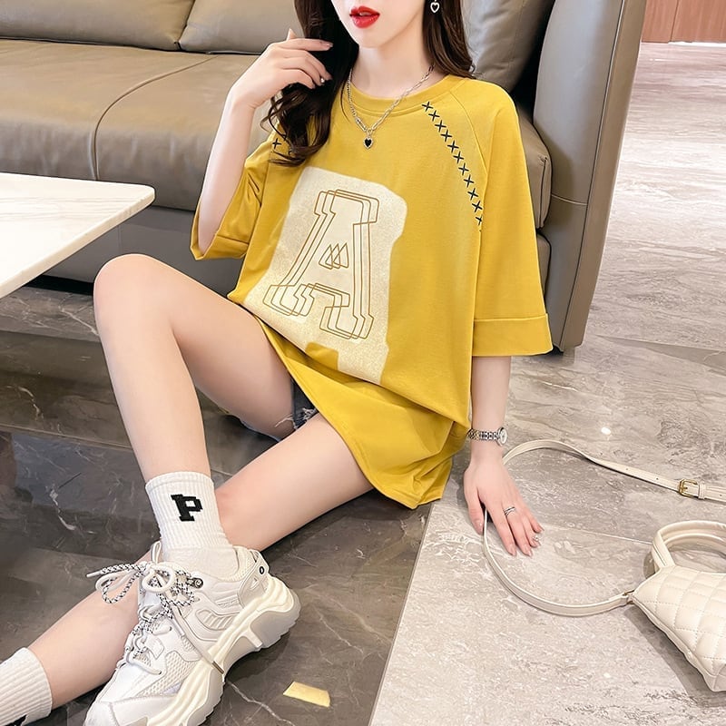 超人気商品 ロング アルファベット プリントTシャツ 三色 ゆったり半袖 ＜S-4019＞