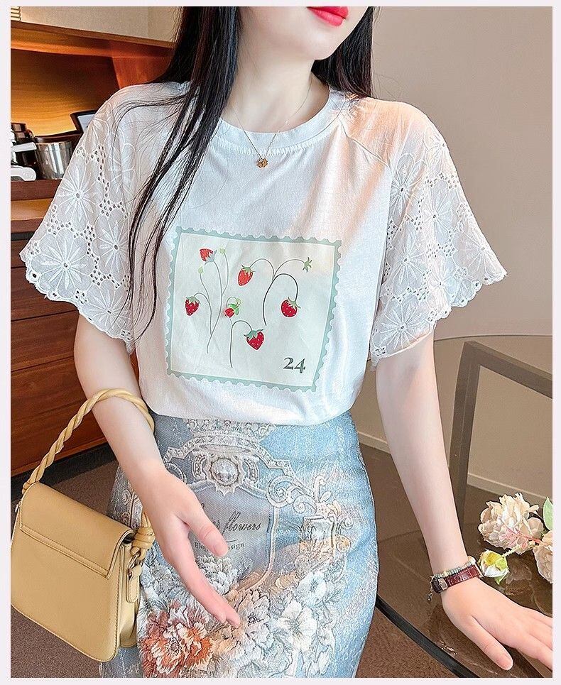 大好評 レース 上質 刺繍 切り替え 全2色 半袖Tシャツ＜S-8869＞