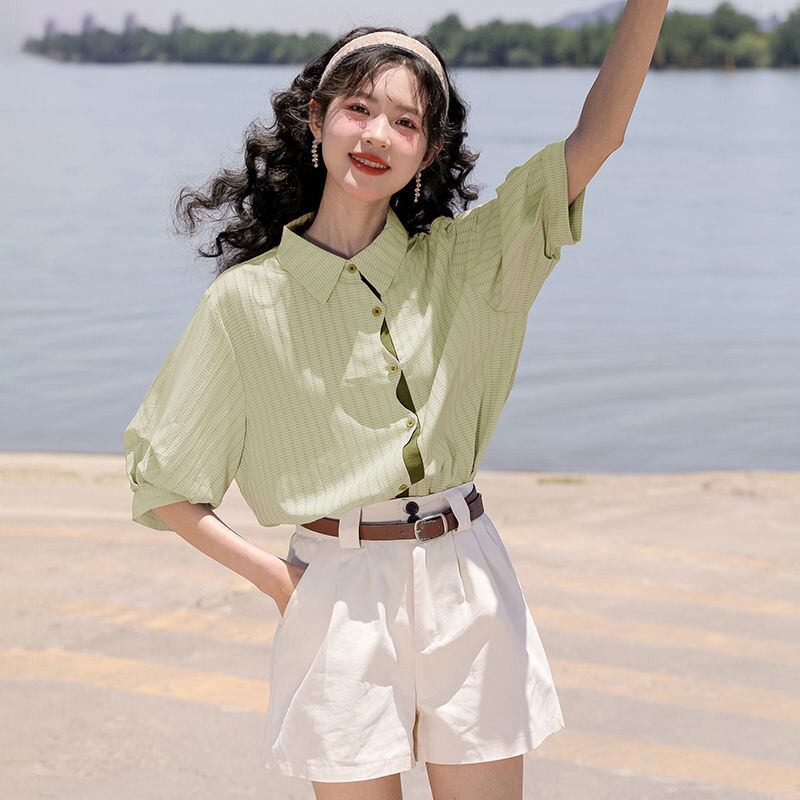 好感度UP 上質 美人度アップ 知的 ストライプ柄 3色選択 半袖シャツ＜S-9047＞