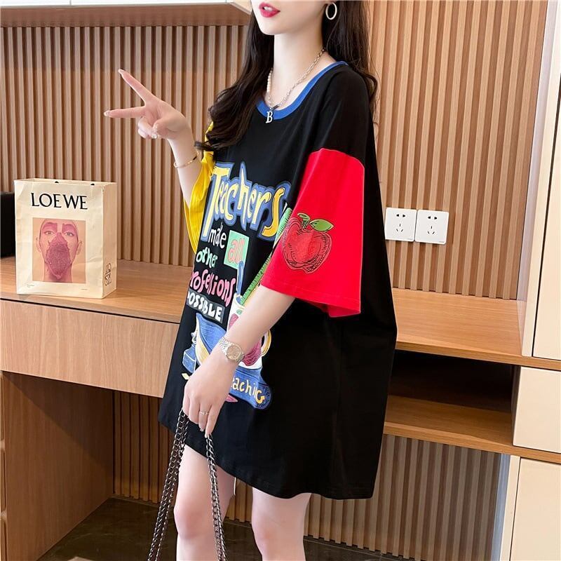 大注目 ドロップショルダー 落書き カラーマッチング プリントTシャツ ゆったり半袖 ＜S-3010＞