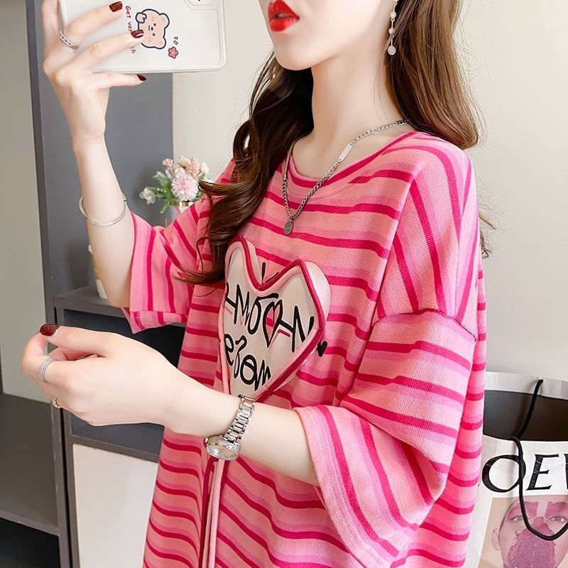 韓国風ピンクストライプゆったり立体装飾半袖Tシャツ<S-2985>