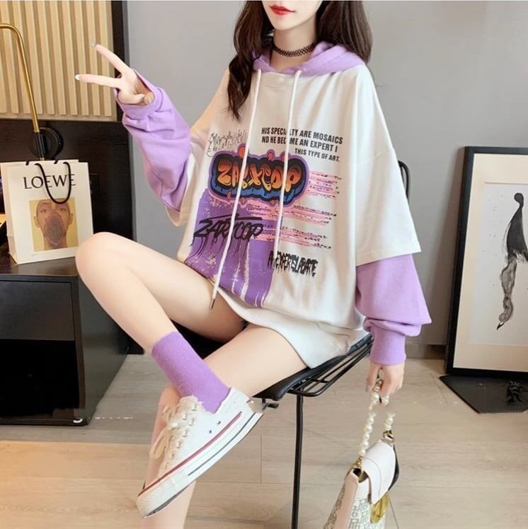韓国スタイルのゆったりとしたフード付きスウェットシャツ<S-5189>