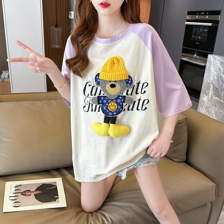 大注目 ラグランTシャツ カラーマッチング クマちゃん アルファベットプリント半袖 ＜S-2970＞