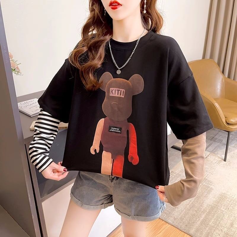 可愛いクマちゃんプリント レイヤード風 ストライプ柄 長袖Tシャツトップス＜S-4109＞