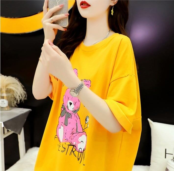 背中開きルーズオールマッチミドル丈ラウンドネック半袖Tシャツ<S-3027>