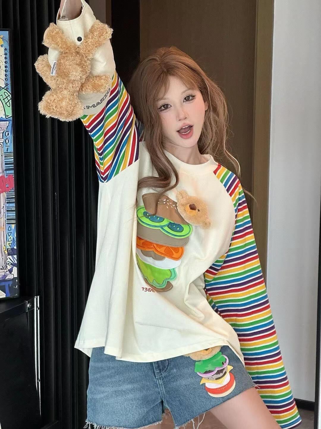 都市ファッショ デザイン オシャレ 大人可愛い 着心地良い プリント ストライプ柄 半袖Tシャツ<S-9332>