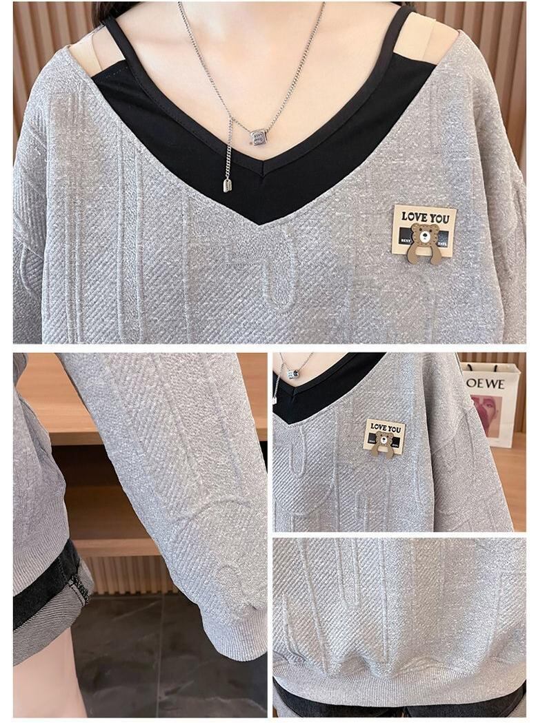 女子マスト  レイヤード風 熊柄ロゴゆったり厚手スウェット全3色トップス<S-4614>