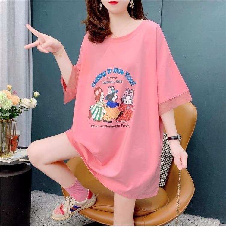 優しい雰囲気 立体のリボン バックオープン プリント ロングTシャツ ゆったり半袖＜S-2939＞