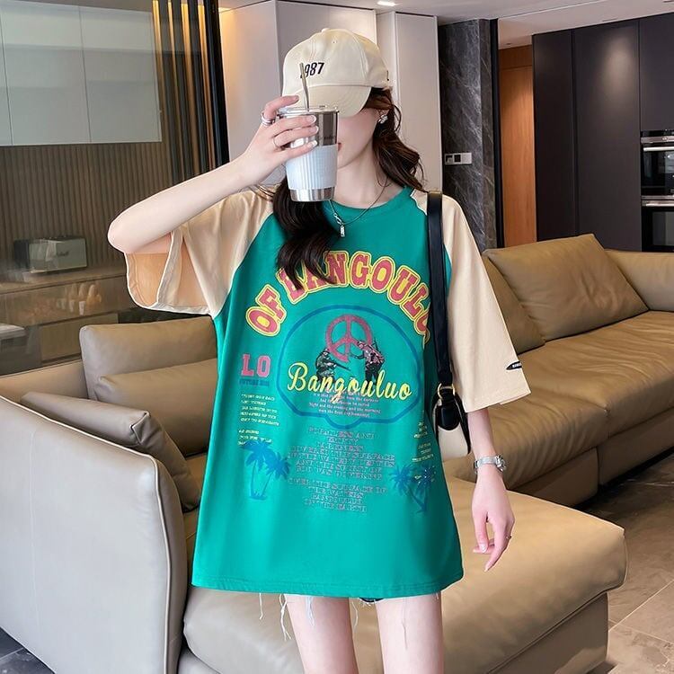 夏新作 配色 プリント ロング ラグランTシャツ 三色 ゆったりワンピース ＜S-4003＞
